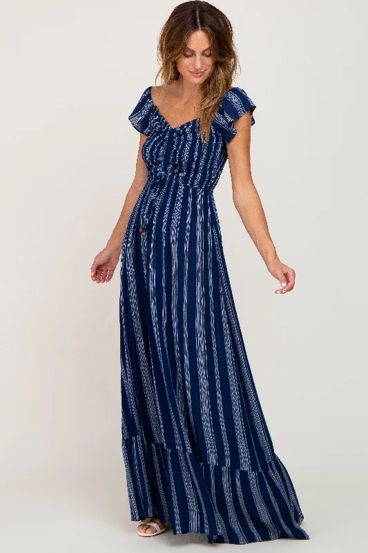 Navy Blue Striped Off Shoulder Front Tie Maxi Dress Chic Button-Up Maxi Dress