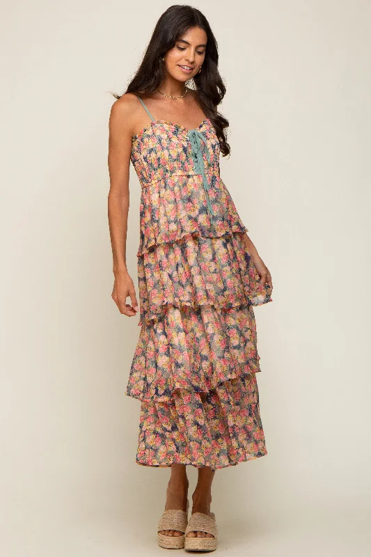 Navy Floral Sleeveless Tiered Maxi Dress Elegant Sleeveless Maxi Dress