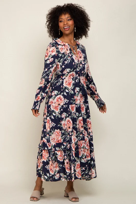 Navy Floral Smocked Ruffle Neck Maxi Dress Elegant Lace-Up Maxi Dress