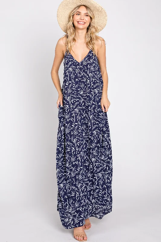 Navy Leaf Print Double V-Neck Maxi Dress Trendy Off-Shoulder Ruffle Maxi Dress