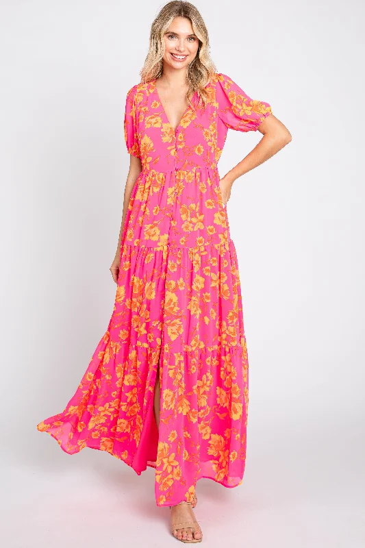 Neon Pink Floral Front Button Tiered Maxi Dress Trendy V-Neck Maxi Dress