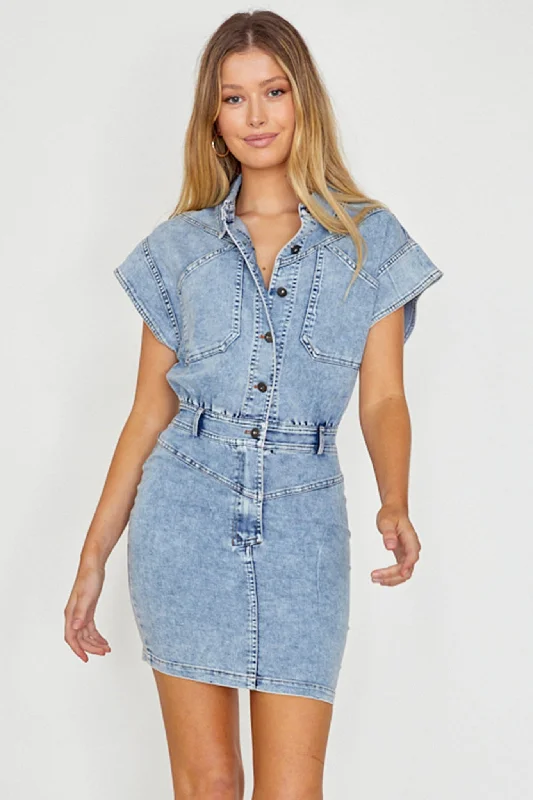 New Day Short Sleeve Button-Up Mini Dress Denim Comfortable Smocked Mini Dress