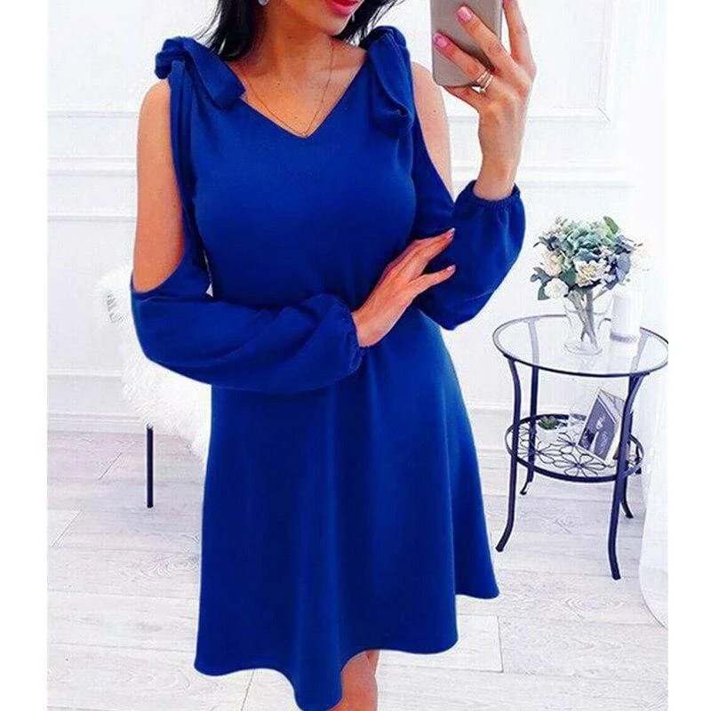 FashionSierra - New Women Summer Dress Cold Shoulder V-Neck Long Sleeve Elegant Ladies Solid Casual Vintage Short Mini Dress Fashionable Boho-Chic Mini Dress