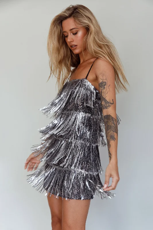 New York Nights Sequin Fringe Mini Dress Black Cozy A-Line Mini Dress