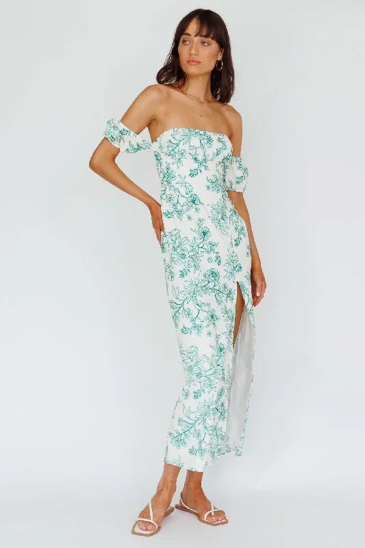 Olivier Off-Shoulder Midi Dress Floral Green Elegant Floral Skirt Midi Dress