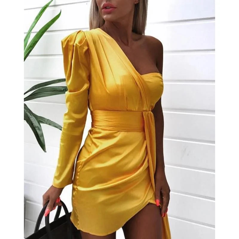 FashionSierra - One off shoulder ruched design irregular dress women Strapless plunging summer mini dress club party yellow vestidos femme Fashionable Pleated Mini Dress