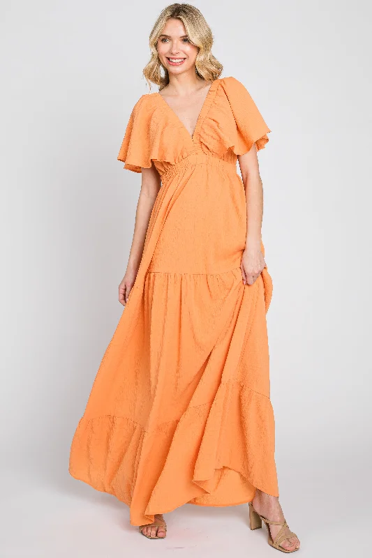 Orange Crepe Flounce Sleeve Tiered Maxi Dress Comfortable Plunging Neckline Maxi Dress