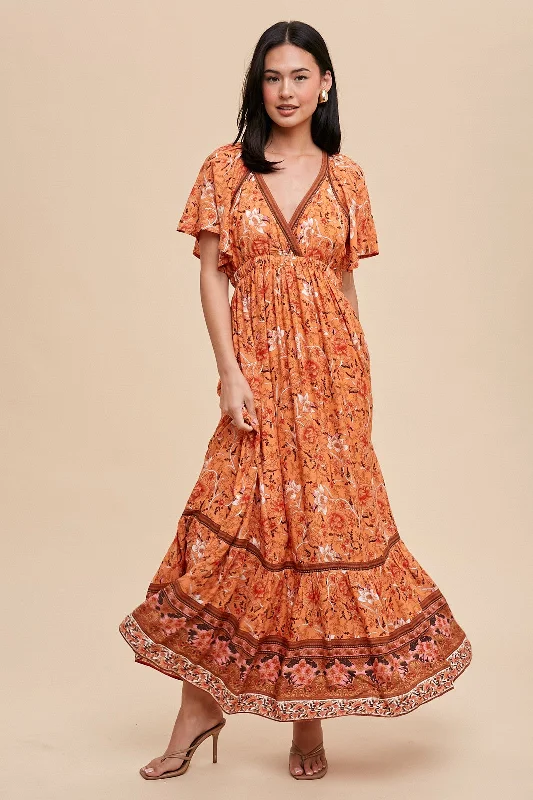 Orange Floral Flounce Sleeve Maxi Dress Cozy Wrap Maxi Dress