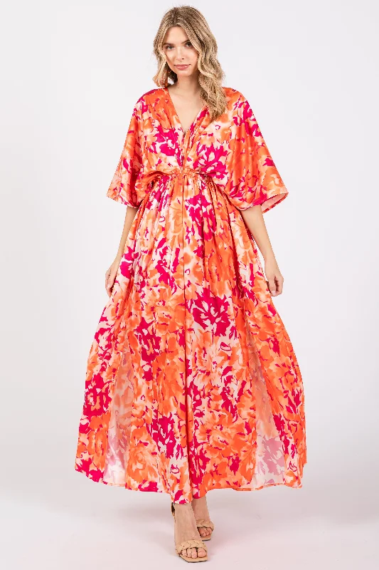 Orange Floral Satin V-Neck Maxi Dress Elegant Lace-Up Maxi Dress