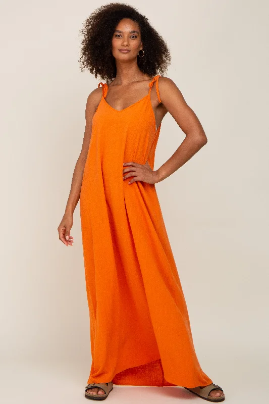 Orange Linen V-Neck Tie Strap Maxi Dress Chic Off-Shoulder Maxi Dress