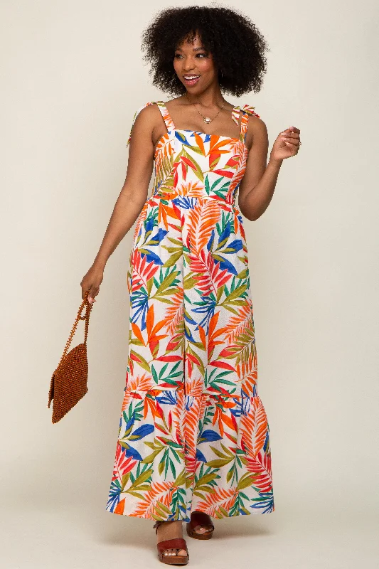 Orange Multi-Color Palm Print Shoulder Tie Maxi Dress Stylish Pleated A-Line Maxi Dress