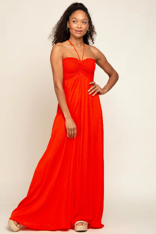 Orange Smocked Halter Maxi Dress Comfortable Fitted Maxi Dress