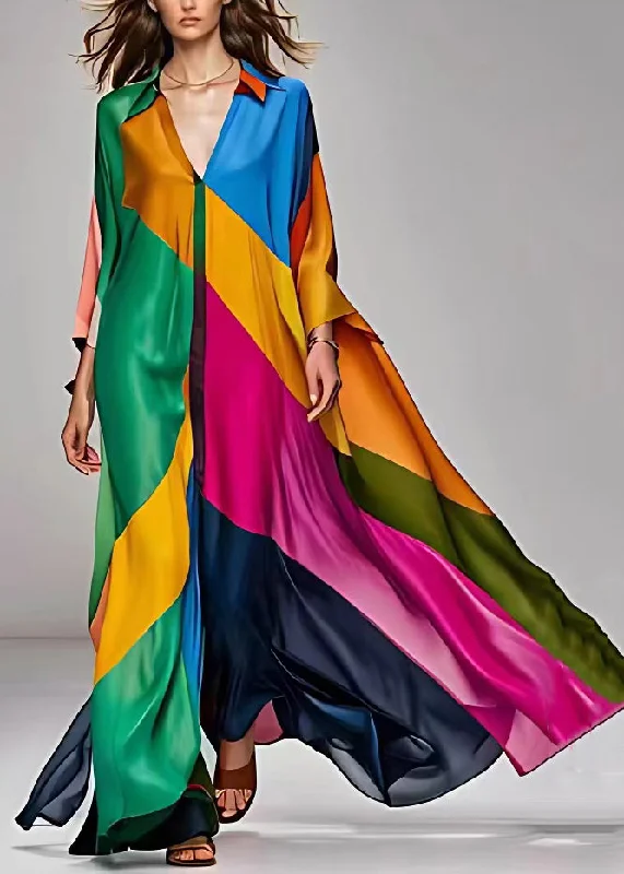 Original Green V Neck Patchwork Silk Maxi Dress Long Sleeve Elegant Maxi Dress with Drapes