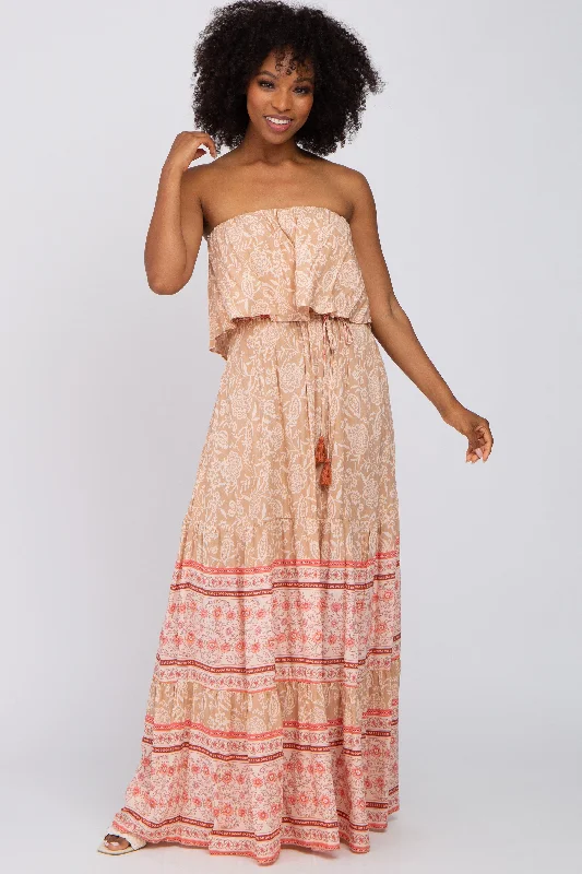 Peach Floral Ruffle Layered Strapless Maxi Dress Trendy Floral Print Maxi Dress