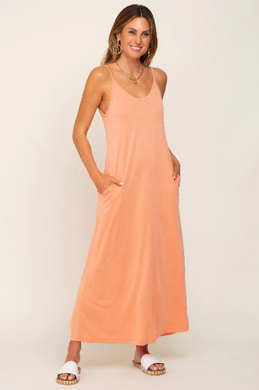 Peach Sleeveless V-Neck Maxi Dress Classic A-Line Maxi Dress