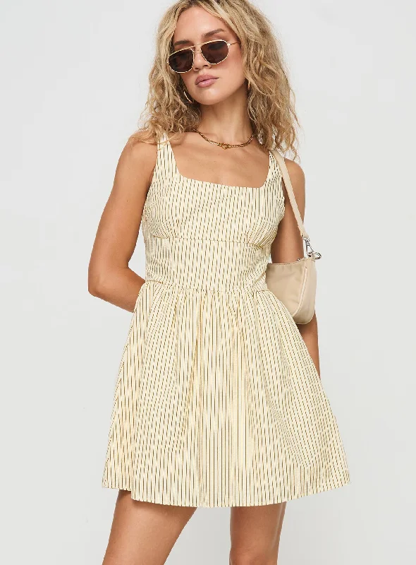 Phillipson Mini Dress Beige Stripe Stylish Puff Sleeve Mini Dress