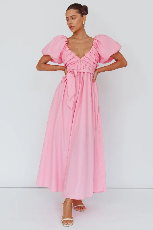 Pink Balloon Sleeve V Neckline Maxi Dress Comfortable T-Shirt Maxi Dress