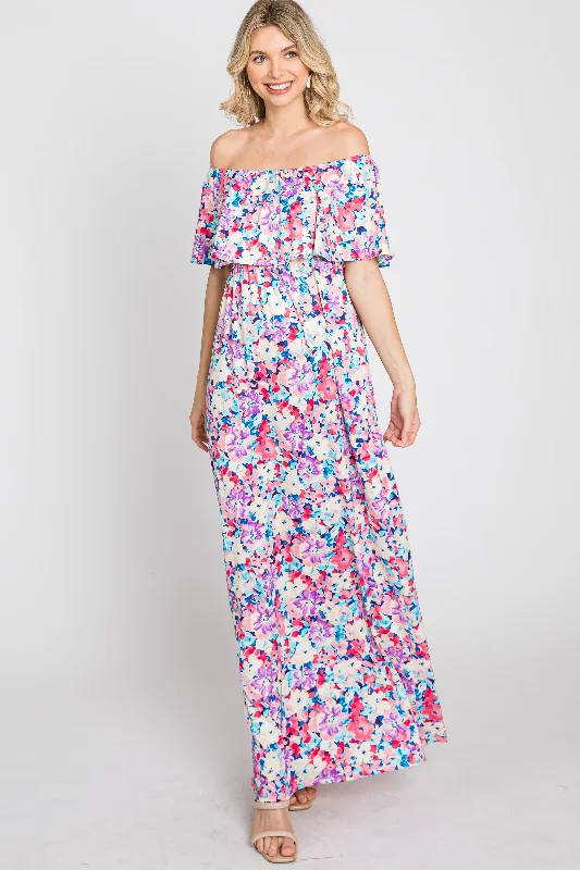 Pink Floral Off Shoulder Maxi Dress Classic Solid Maxi Dress