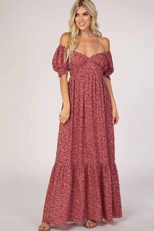 Pink Floral Puff Sleeve Maxi Dress Chic Summer Maxi Dress