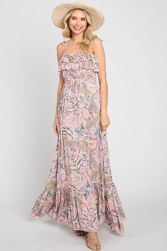 Pink Floral Ruffle Top Back Cutout Maxi Dress Trendy Maxi Dress with Lace