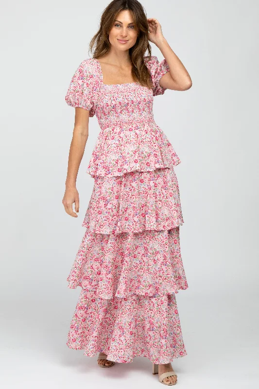 Pink Floral Square Neck Ruffle Layered Maxi Dress Elegant Tiered Maxi Dress