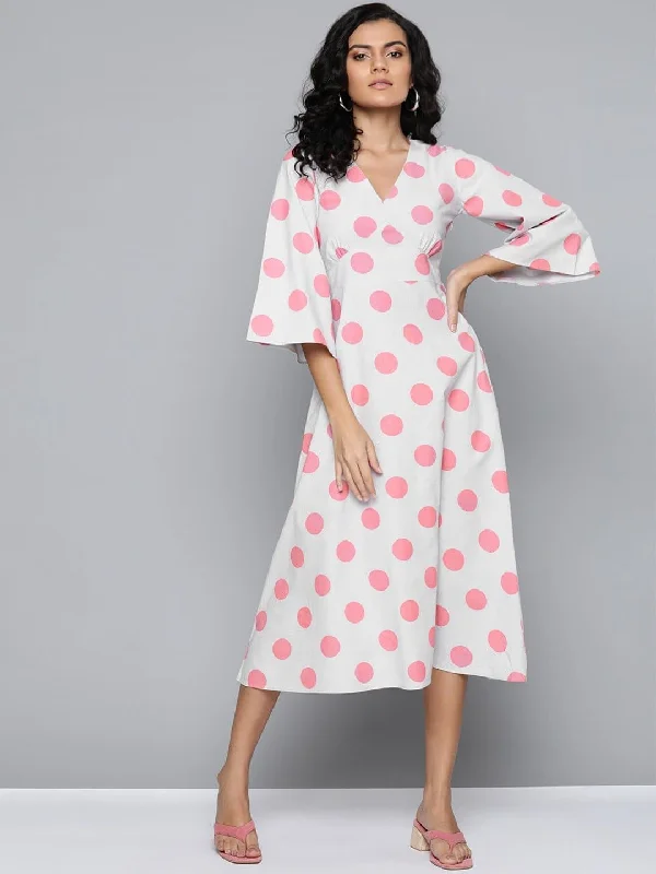 Pink & Grey Polka V-Neck Midi Dress Trendy Square Neck Midi Dress