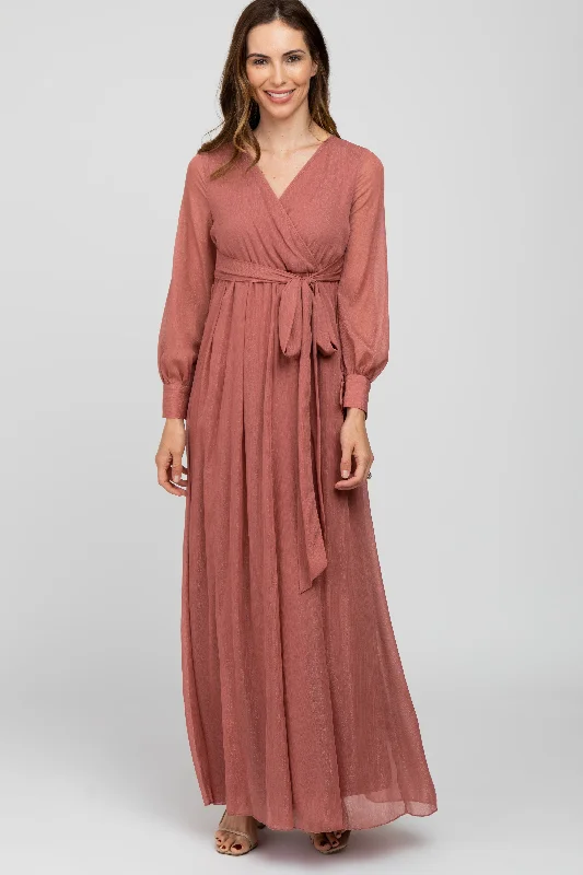 Pink Metallic Chiffon Maxi Dress Stylish V-Neck Maxi Dress