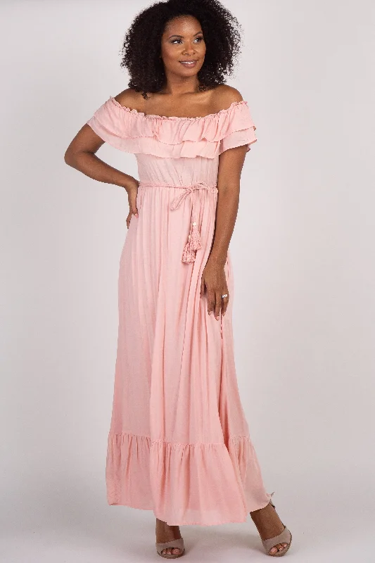 Pink Off Shoulder Tassel Tie Maxi Dress Cozy Wrap Maxi Dress