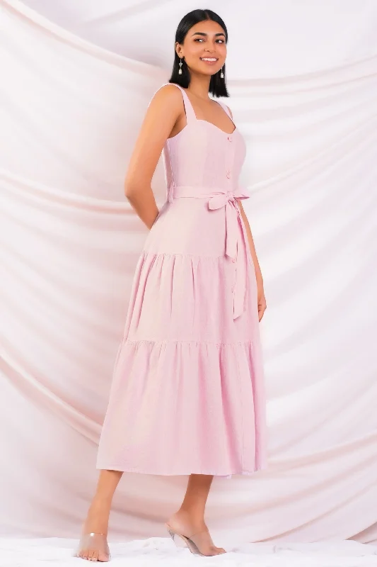 Pink Tiered Midi Dress Stylish Silk Midi Dress