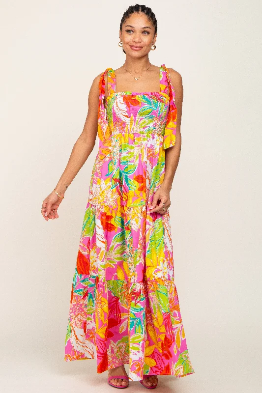 Pink Tropical Print Smocked Tie Sleeve Maxi Dress Fashionable Off-Shoulder Maxi Dress