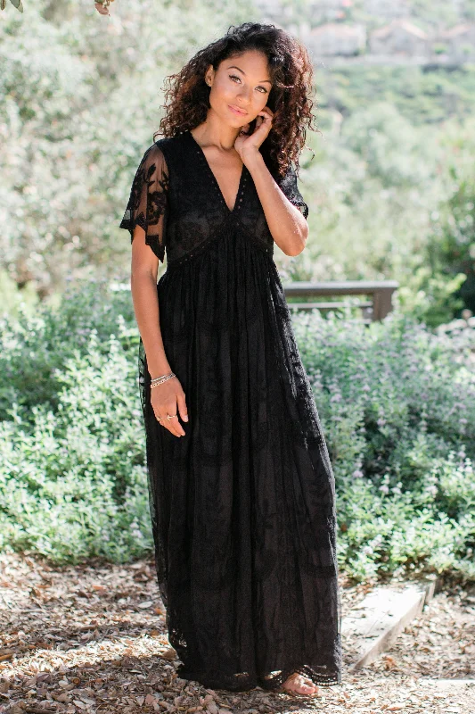 PinkBlush Black Lace Mesh Overlay Maxi Dress Fashionable Open-Back Maxi Dress