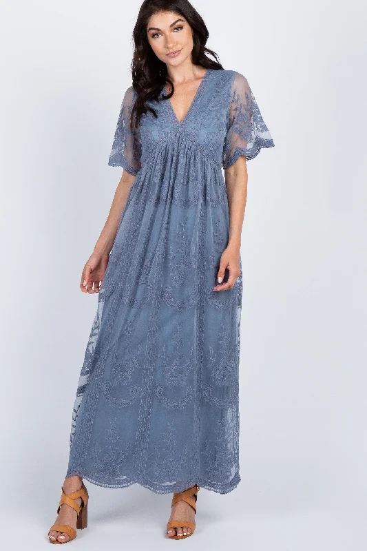 PinkBlush Blue Lace Mesh Overlay Maxi Dress Elegant Maxi Dress with Ruffles