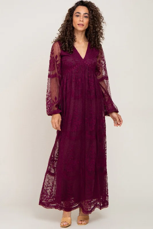 PinkBlush Burgundy Lace Mesh Overlay Long Sleeve Maxi Dress Cozy Maxi Dress with Slit