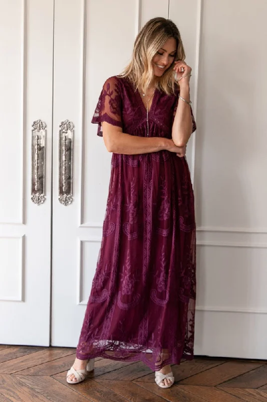 PinkBlush Deep Burgundy Lace Mesh Overlay Maxi Dress Cozy Knit Maxi Dress