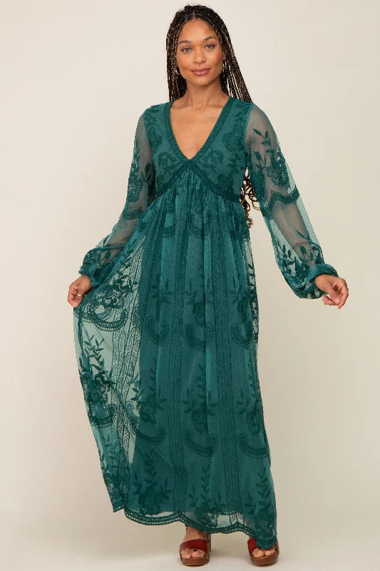 PinkBlush Emerald Green Lace Mesh Overlay Long Sleeve Maxi Dress Elegant Maxi Dress with Lace