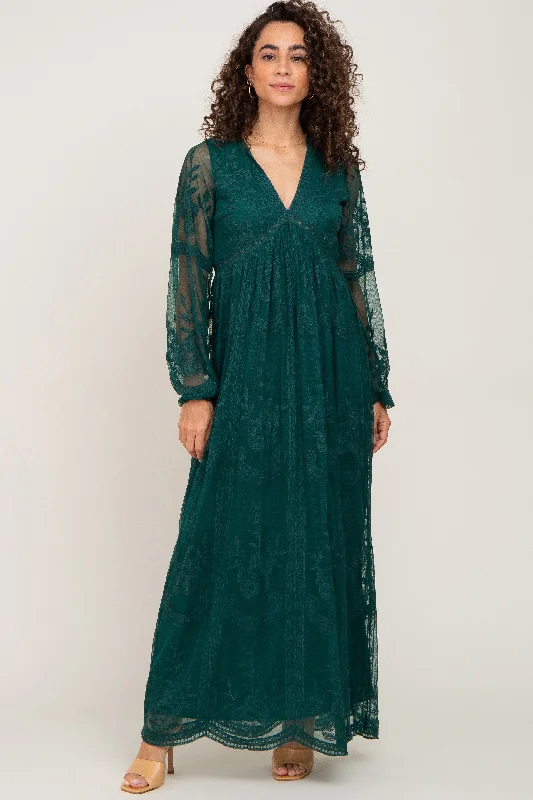 PinkBlush Forest Green Lace Mesh Overlay Long Sleeve Maxi Dress Classic Strapless Maxi Dress