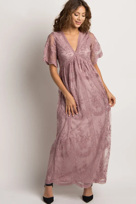 PinkBlush Mauve Lace Mesh Overlay Maxi Dress Comfortable Fit-and-Flare Maxi Dress