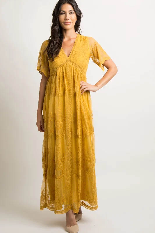 PinkBlush Mustard Lace Mesh Overlay Maxi Dress Stylish Off-Shoulder Maxi Dress