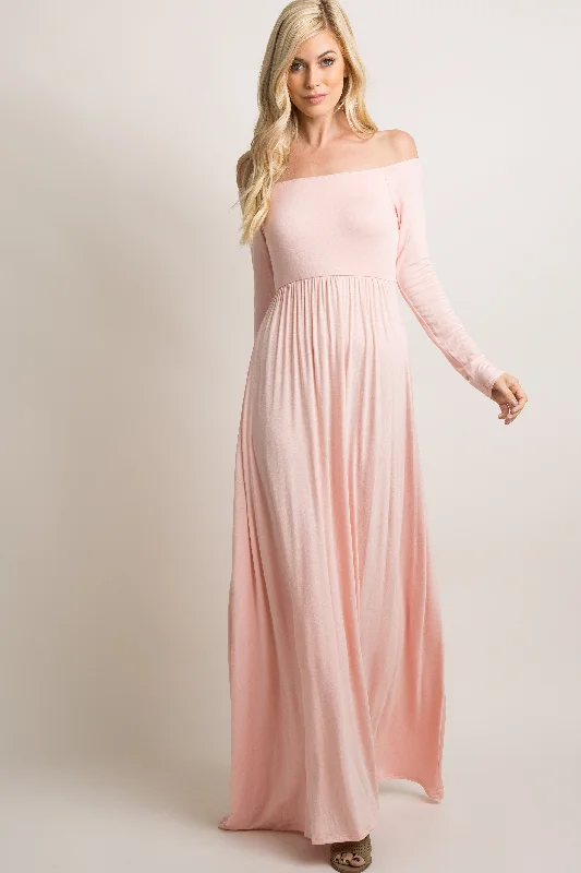 PinkBlush Petite Pink Solid Off Shoulder Maxi Dress Elegant Silk Maxi Dress