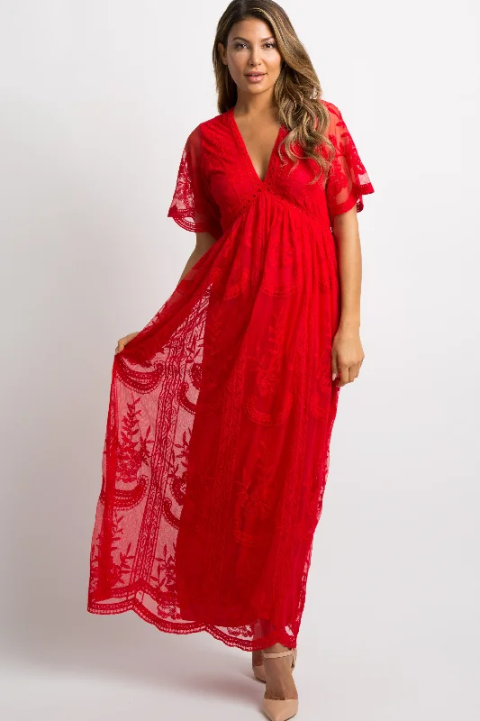 PinkBlush Red Lace Mesh Overlay Maxi Dress Stylish A-Line Maxi Dress