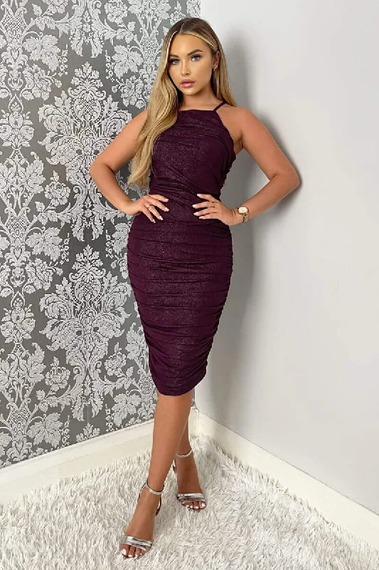 Plum Ruched Bodycon Shimmer Midi Dress Fashionable Pencil Midi Dress