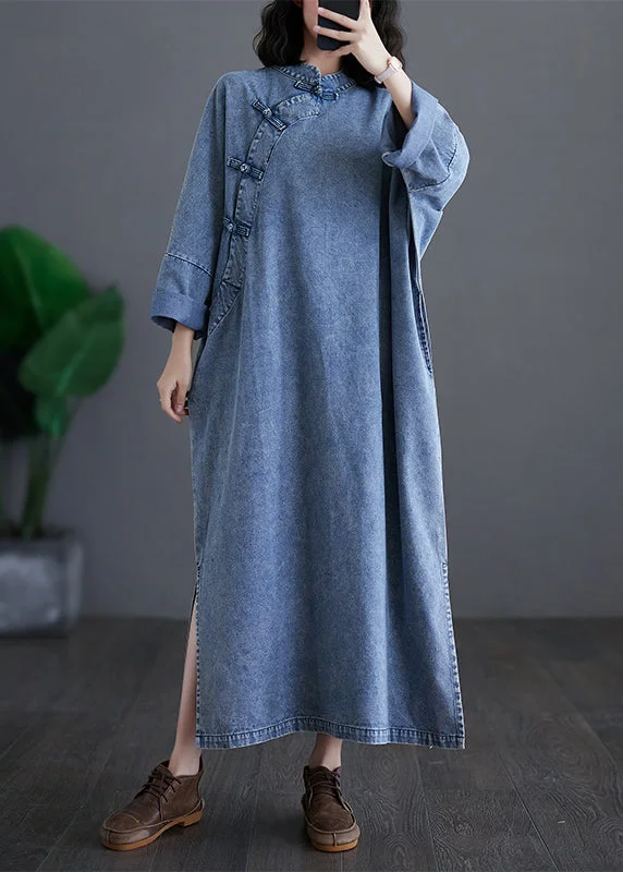 Plus Size Denim Blue Stand Collar Patchwork Button Side Open Maxi Dresses Spring Trendy Short Sleeve Maxi Dress