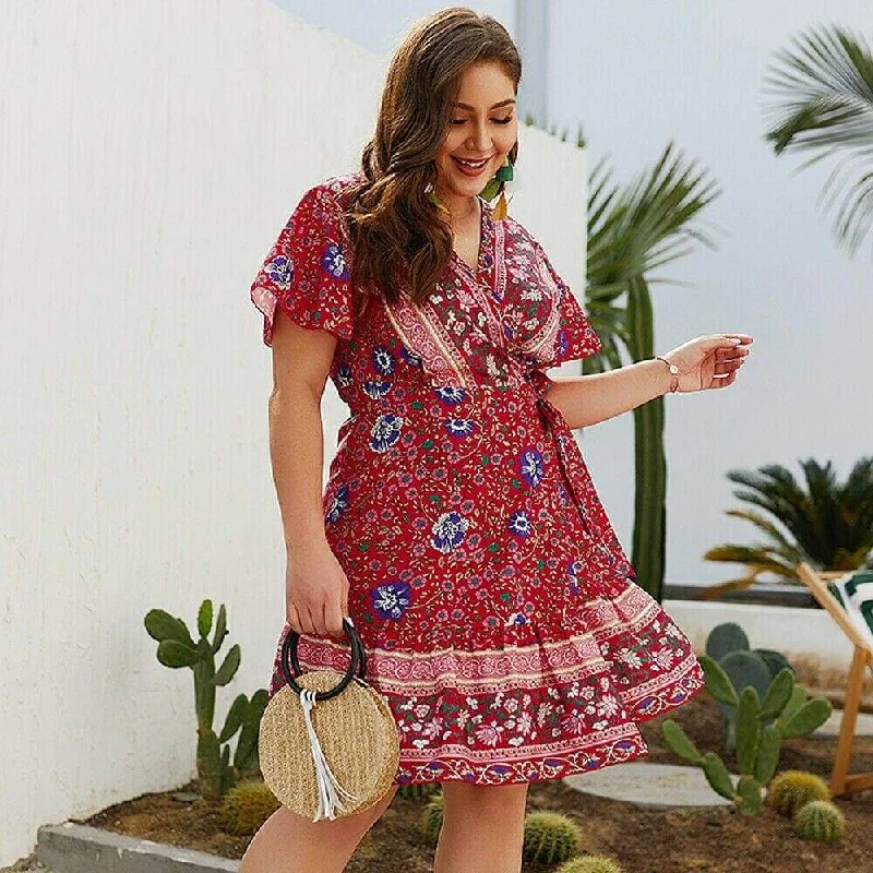 FashionSierra - Plus Size Women Short Sleeve Wrap Boho Floral Mini Dress Fashion Ladies Summer Sundress Casual V Neck Holiday Beach Clothes Trendy Button-Detail Mini Dress