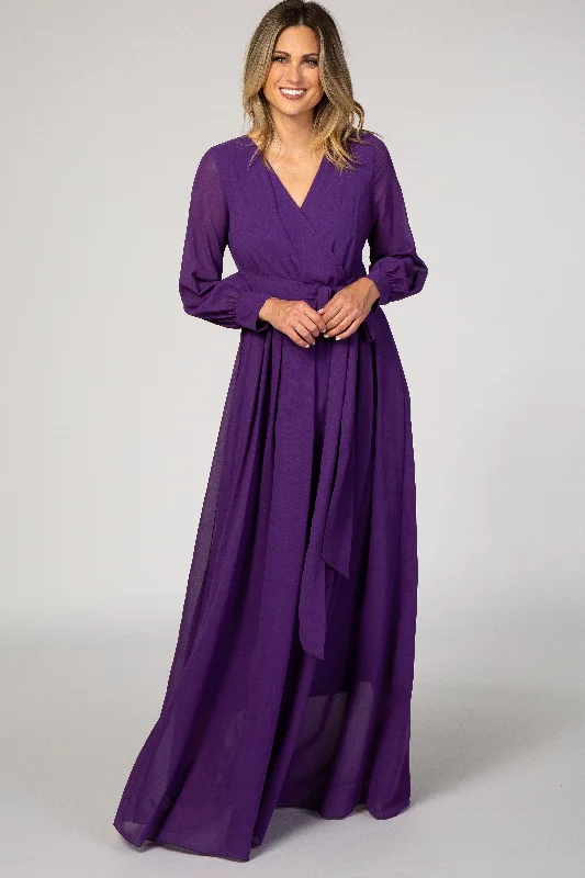 Purple Chiffon Long Sleeve Pleated Maxi Dress Comfortable Bohemian Maxi Dress