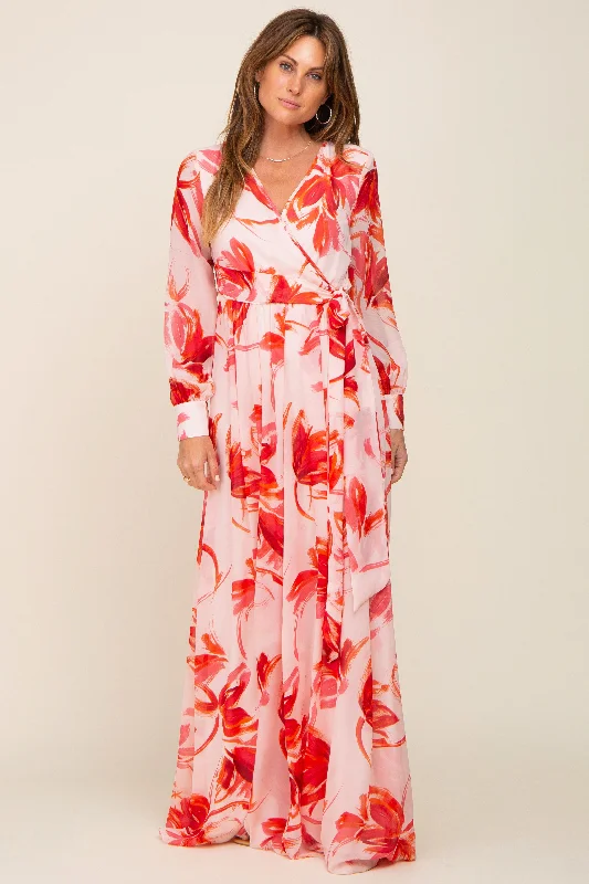 Red Brush Stroke Print Chiffon Maxi Dress Cozy Wrap Maxi Dress