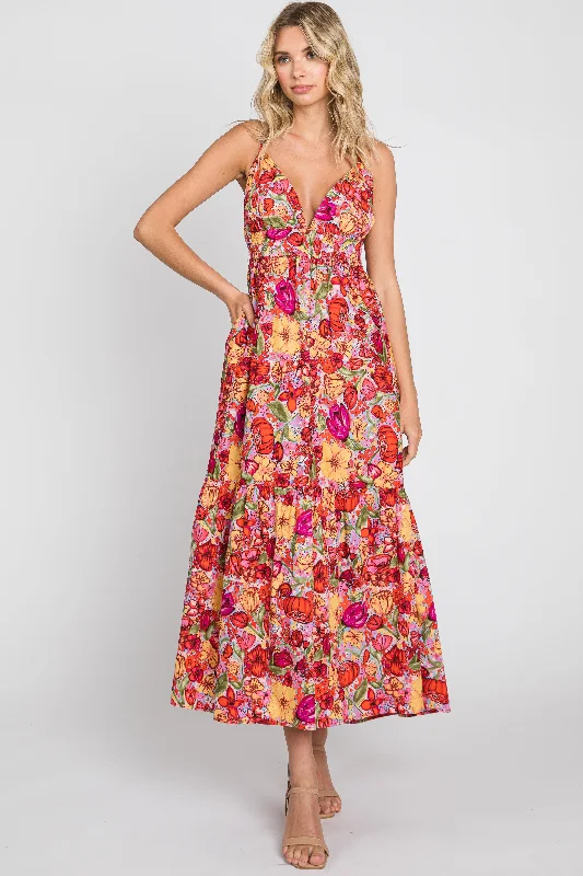 Red Floral Open Back Maxi Dress Trendy V-Neck Maxi Dress