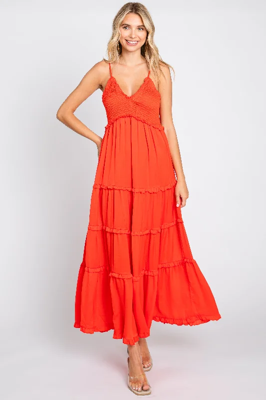 Red Orange Smocked Ruffle Tiered Maxi Dress Trendy Printed Maxi Dress