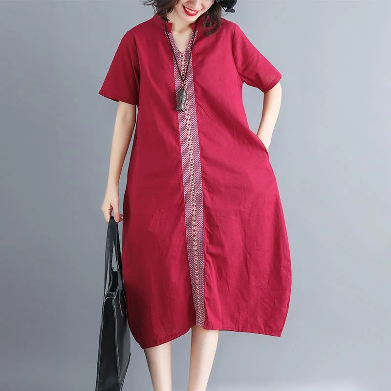 Red Plus Size V Neck Pockets Embroidered Cotton Linen Maxi Dress Short Sleeve Stylish Long Sleeve Maxi Dress