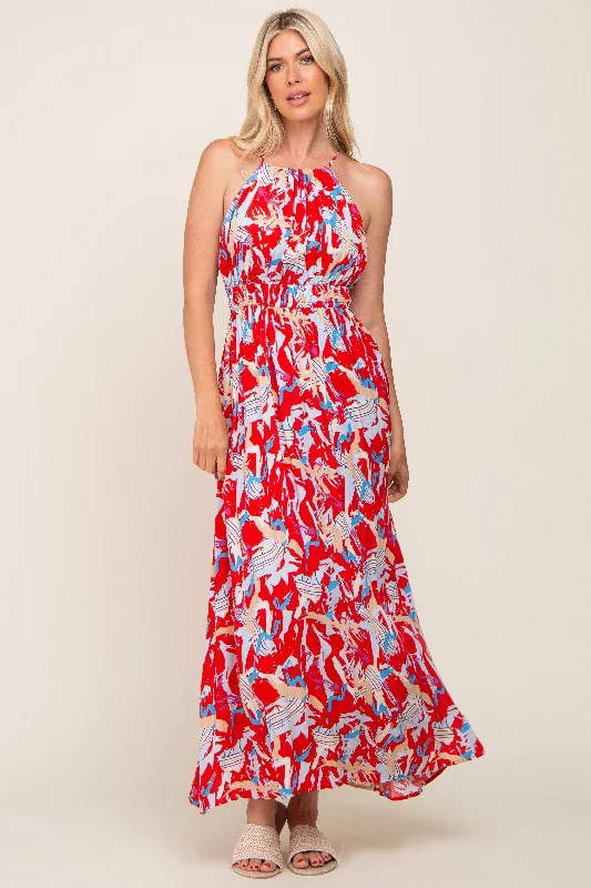 Red Printed Halter Smocked Waist Maxi Dress Chic Button-Up Maxi Dress