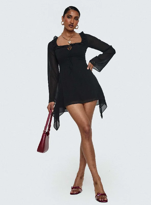 Revival Long Sleeve Mini Dress Black Comfortable One-Shoulder Mini Dress